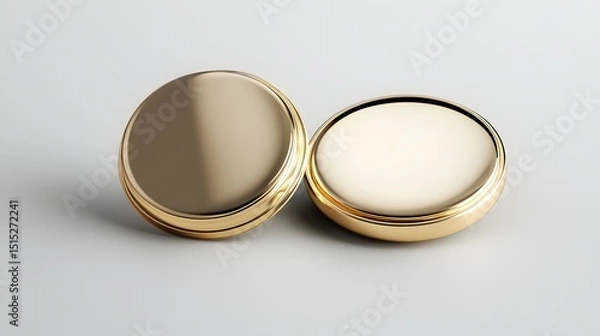 Fototapeta Two gold-toned round containers, one open and one closed, on a light gray surface.