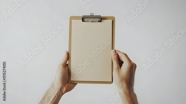 Fototapeta A clipboard with blank paper held by hands against a plain background.