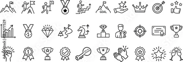 Obraz Business goal Web Icon Set in Line Style. Collection of Success Linear Icons, Including process, target, aim, focus, human resource, strategy, winner, action plan, strategy and more. 