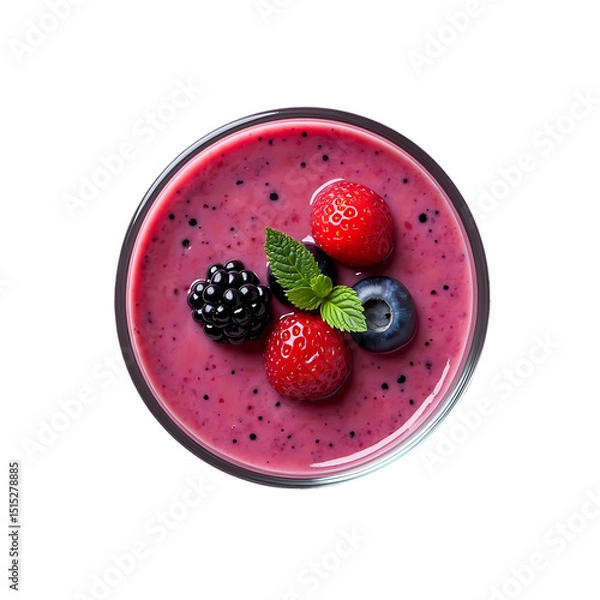 Fototapeta Overhead view of a berry smoothie in a glass with strawberries blueberry and blackberry garnish on top isolated on transparent background