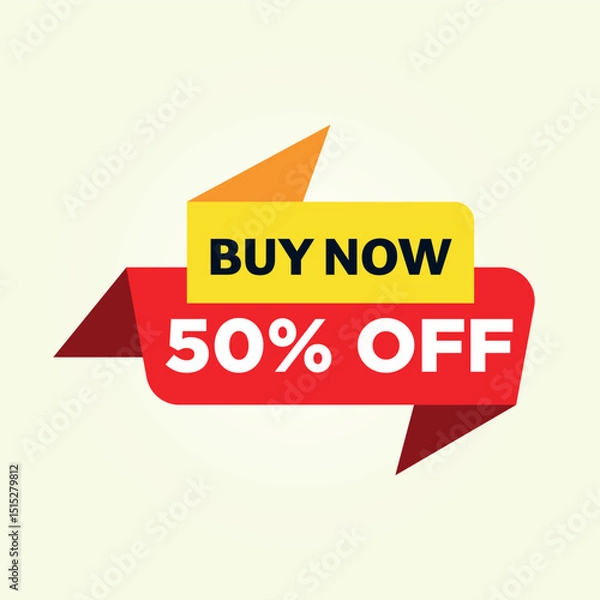 Obraz "Buy Now, Save: A dynamic graphic design showcasing a promotional banner, featuring "Buy Now" and a bold "50% Off" offer, designed to entice customers and highlight savings.
