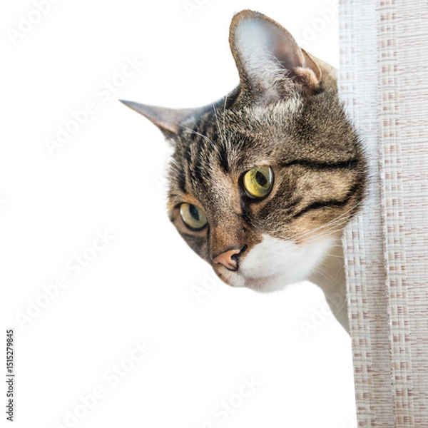 Fototapeta Tabby striped curiously looking cat in PNG isolated on transparent background