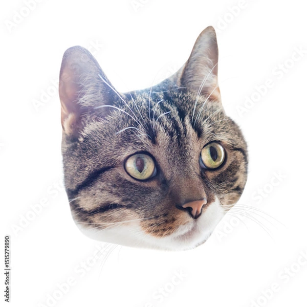Fototapeta Cat's head, tabby striped curiously look cat face in PNG isolated on transparent background
