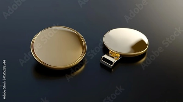 Fototapeta Two polished gold circular objects on a dark surface.