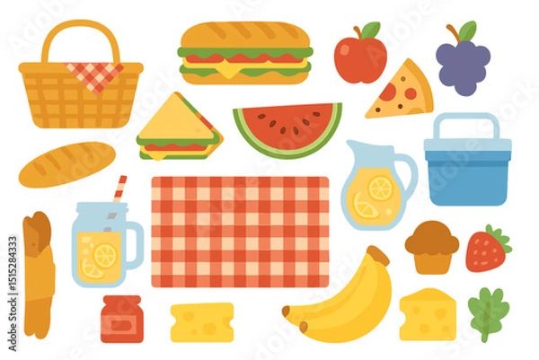 Fototapeta Flat design picnic food icons with blanket and snacks