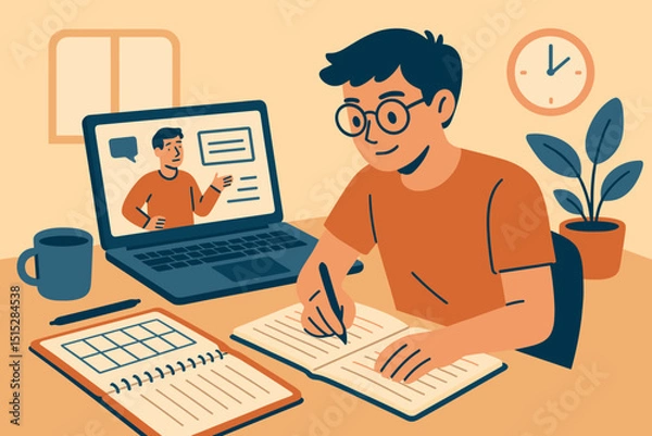 Fototapeta Student taking notes during online class with laptop