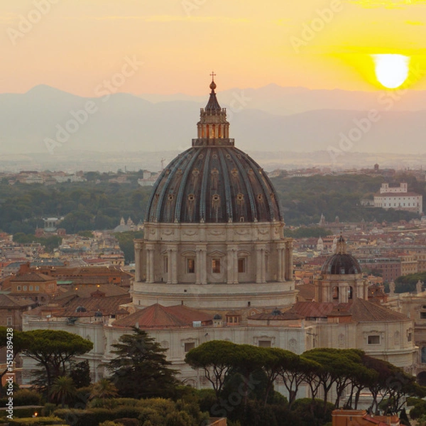 Obraz Twilight scene over Vatican City, the famous dome of St. Peter’s Basilica illuminated by setting sun, with layers of city and distant hills beneath it.Travel concept