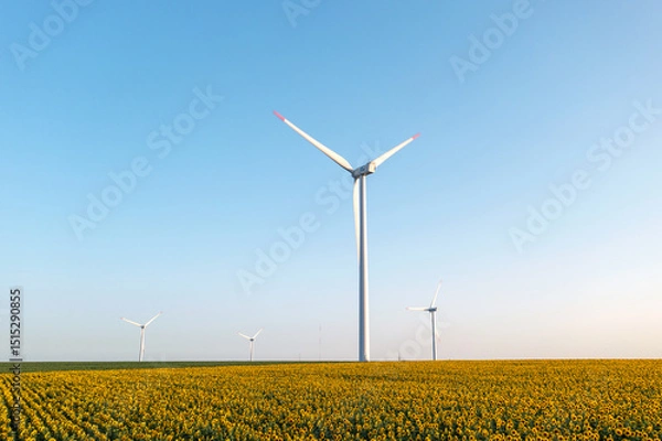 Obraz Wind turbines spin above agricultural fields illuminated golden sunset aerial view. Renewable energy meets rural landscape harmony between technology, sustainability, environmental consciousness.
