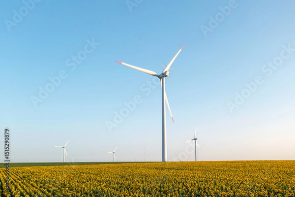 Obraz Silhouettes windmills, large orange sun disc summer lens flare. Alternative energy wind turbines with blades in field aerial view bright orange sunset blue sky wind park slow motion drone turn
