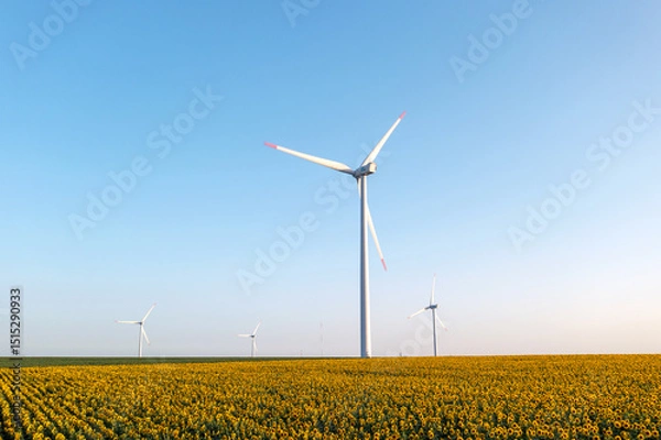 Obraz Alternative energy wind turbines with blades in field aerial view bright orange sunset blue sky wind park slow motion drone turn. Silhouettes windmills summer. Nature