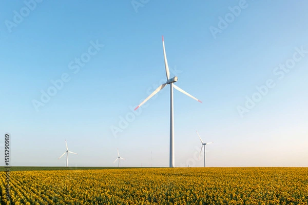 Obraz Wind turbines blades in agricultural fields blooming sunflowers aerial view orange sunset blue sky wind park slide forward. Silhouettes windmills, large sun disc summer lens flare. Alternative energy