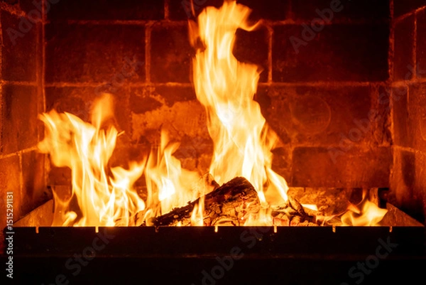 Obraz Interior fireplace glowing with fire, bright flames above stacked logs, cabin-like atmosphere, warmth concept, natural wood burning indoors
