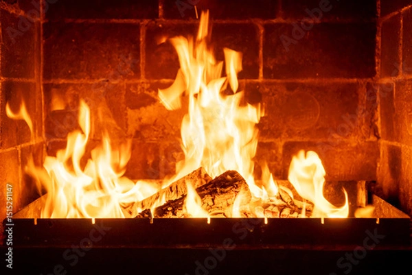 Obraz Closeup fire inside traditional fireplace, orange flames dancing, rustic home setting, cozy winter scene, warm lighting effect, evening cabin comfort