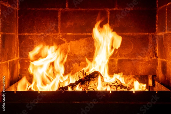 Obraz Closeup fire inside traditional fireplace, orange flames dancing, rustic home setting, cozy winter scene, warm lighting effect, evening cabin comfort
