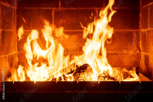 Obraz Closeup fire inside traditional fireplace, orange flames dancing, rustic home setting, cozy winter scene, warm lighting effect, evening cabin comfort