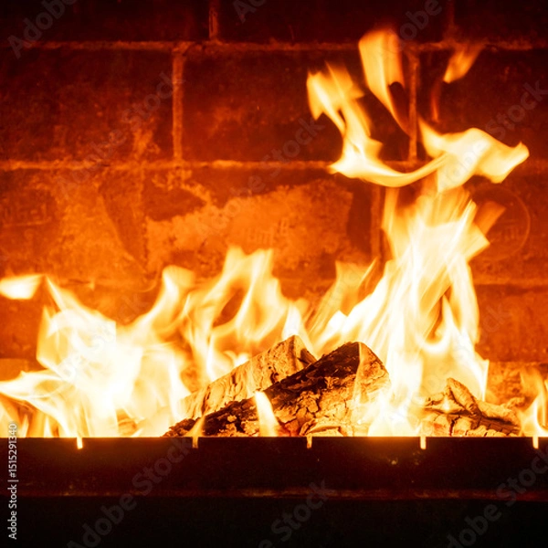 Obraz Interior fireplace glowing with fire, bright flames above stacked logs, cabin-like atmosphere, warmth concept, natural wood burning indoors