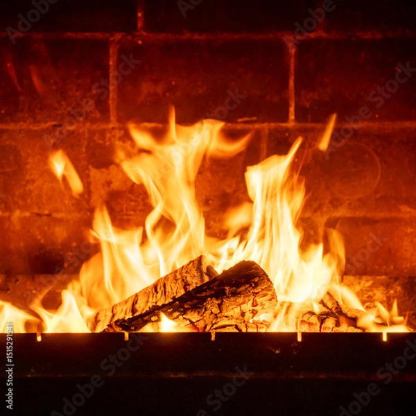 Obraz Crackling fire inside fireplace made of bricks, intense warmth and flame, romantic countryside interior scene, cozy home atmosphere