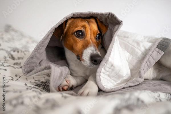Obraz Cute Jack Russell Terrier lying under cozy blanket, looking away with curious expression, home bed background, warmth, comfort, pet relaxation, adorable dog scene, domestic calm atmosphere