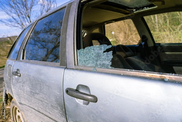 Obraz Broken car glass detail, view through destroyed side window, showing inside seats, aftermath of robbery, property damage issue, road crime alert