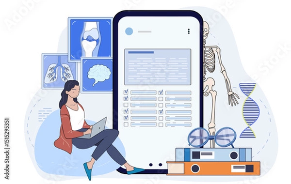 Fototapeta Woman studying with laptop beside large smartphone displaying medical data, surrounded by anatomy visuals, DNA, books, and skeleton on white background. Vector illustration