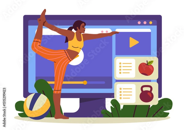 Fototapeta Woman practicing yoga pose in front of large screen showing fitness video interface, with icons of healthy food and workout, on white background. Vector illustration
