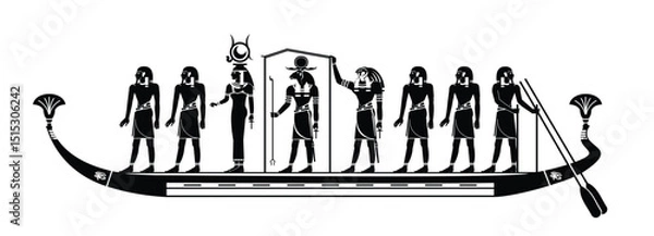 Fototapeta Relief from KV 17, Tomb of Sety I, Egyptian Hieroglyphs with stories of gods and goddesses. Ritual journey of the gods and goddesses on a boat on the Nile.