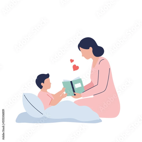 Fototapeta Mother reading a book to child in bed with love and care