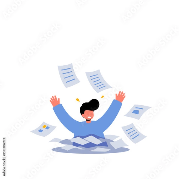 Fototapeta Person overwhelmed by papers while smiling and raising arms in joy  