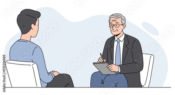 Fototapeta Elderly therapist discussing with young client in a minimal office setting  