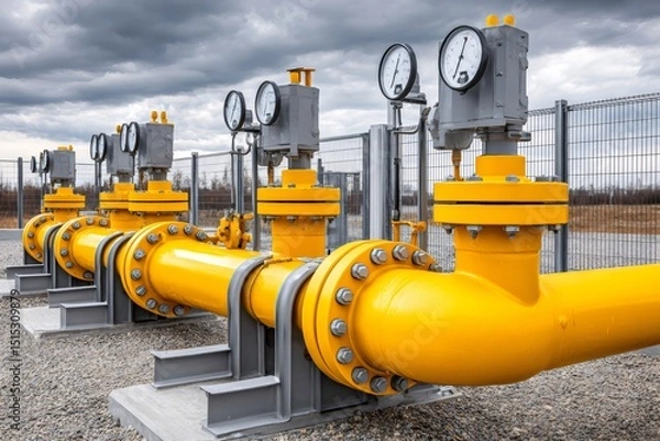 Fototapeta Gas pipeline distribution station showing pressure gauges measuring pressure and flow