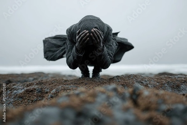 Fototapeta A person kneels on rocky ground, hands covering their face in despair. The surrounding landscape is shrouded in fog, creating a somber atmosphere. The time feels timeless and melancholic.
