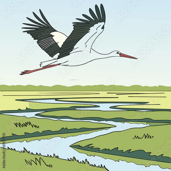 Obraz Majestic white stork soaring over serene wetlands, captured in a detailed digital illustration.