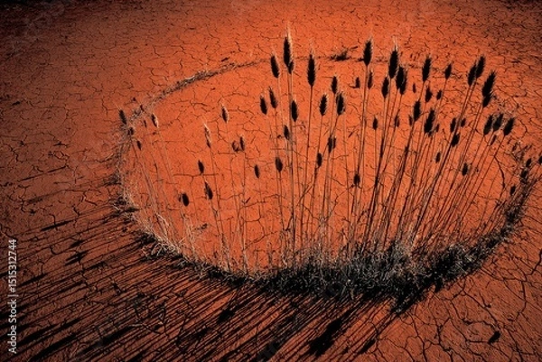 Fototapeta Nature creating a unique visual of plants emerging from cracked earth with striking patterns and colors at sunset