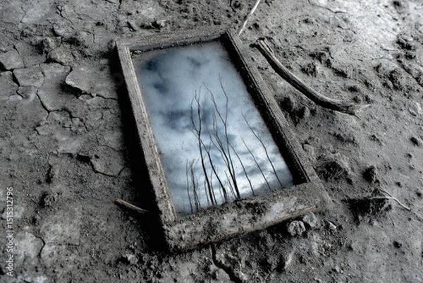 Fototapeta Reflections of nature captured in a dusty, abandoned frame on cracked earth