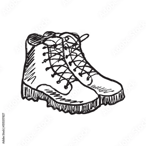 Fototapeta A pair of hiking boots for outdoor walking, hiking, climbing, with support and protection in black brush stroke texture isolated on white. Hand drawn vector sketch illustration in vintage charcoal ink