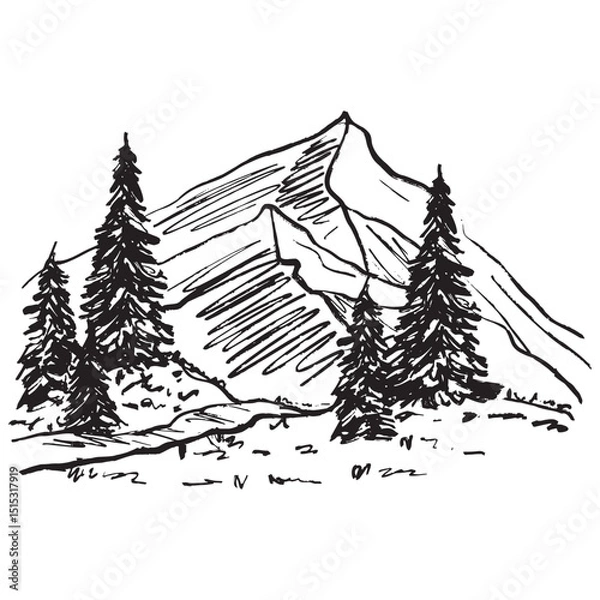 Fototapeta A mountain landscape with a prominent peak, evergreen trees in black brush stroke texture isolated on white. Hand drawn vector sketch illustration in vintage charcoal ink. Recreation, travel, everest