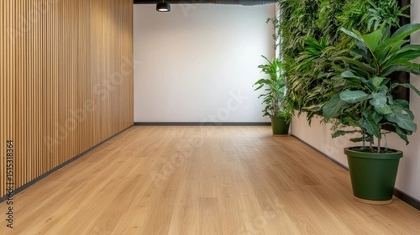 Fototapeta Coworking spaces, shared office and productivity, Modern hallway with wooden flooring, vertical wall slats, and lush indoor plants creating a natural, calming atmosphere.