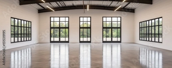 Fototapeta Coworking spaces, shared office and productivity, A spacious, modern, empty room with large industrial windows, polished concrete floors, and abundant natural light.