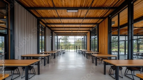 Obraz Coworking spaces, shared office and productivity, Modern, open dining hall with wooden ceiling, large windows, and rows of tables and chairs, offering a bright and spacious atmosphere.