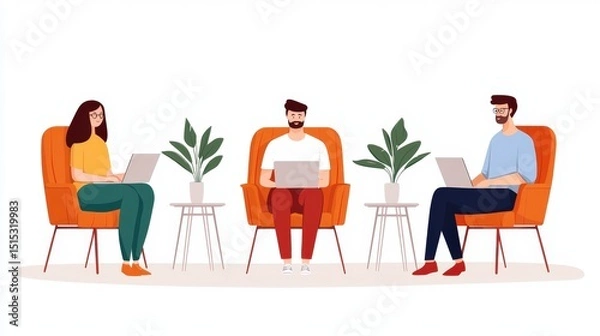 Fototapeta Coworking spaces, shared office and productivity, Three people sitting in chairs, working on laptops, surrounded by potted plants in a modern, relaxed setting.