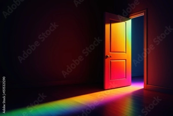 Obraz Digital illustration of a wooden wardrobe standing open in a dark room, with its interior glowing in a vibrant rainbow gradient-symbolizing the LGBTQ+ coming out concept.