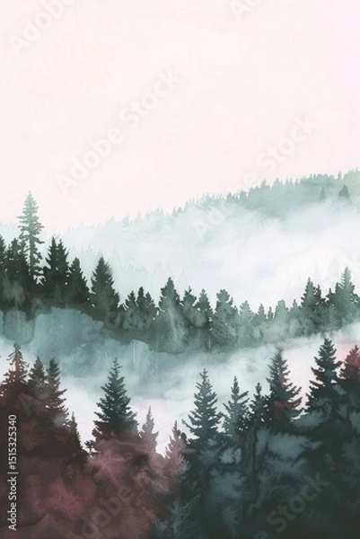 Obraz Watercolor green red tinted forest postcard shilouette motif with fog as vertical background element with copyspace 1