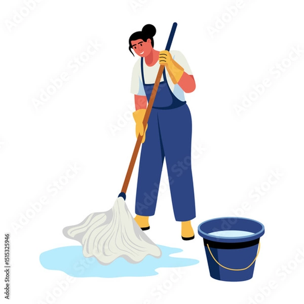 Fototapeta A flat style illustration showing a character mopping the floor