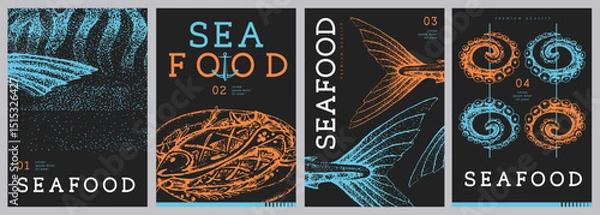 Fototapeta Set of modern magazine covers or posters with fried fish, scomber and octopus. Restaurant seafood menu design. Vector illustration