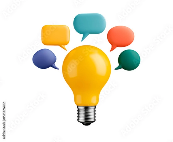 Fototapeta Bright yellow light bulb with colorful speech bubbles represents ideas and creativity in a modern context on transparent background, PNG
