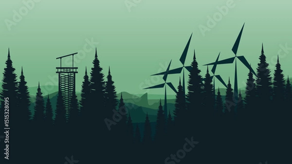 Fototapeta vector illustration of an abstract background with trees and windmill good for for wallpaper design, design template, background template, and tourism design template