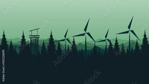 Fototapeta vector illustration of an abstract background with trees and windmill good for for wallpaper design, design template, background template, and tourism design template