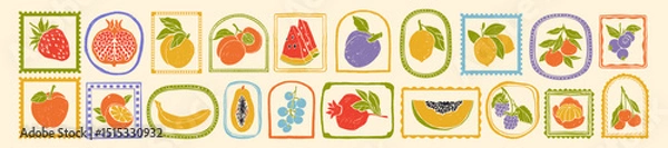 Fototapeta Summer fruit berry print, vintage hand drawn cartoon citrus illustration doodle charcoal texture set. Colorful organic retro sticker design, fresh lemon, apple nature logo stamp. Summer fruit icon