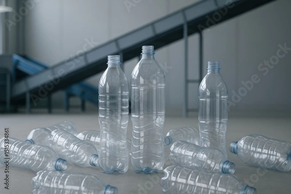 Fototapeta Several clear plastic bottles are scattered and upright in a modern industrial plant, symbolizing recycling and waste management processes.
