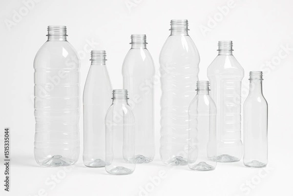 Fototapeta Collection of clear plastic bottles in different shapes and sizes. Ideal for illustrating packaging, recycling, plastic waste, or product mockups.
